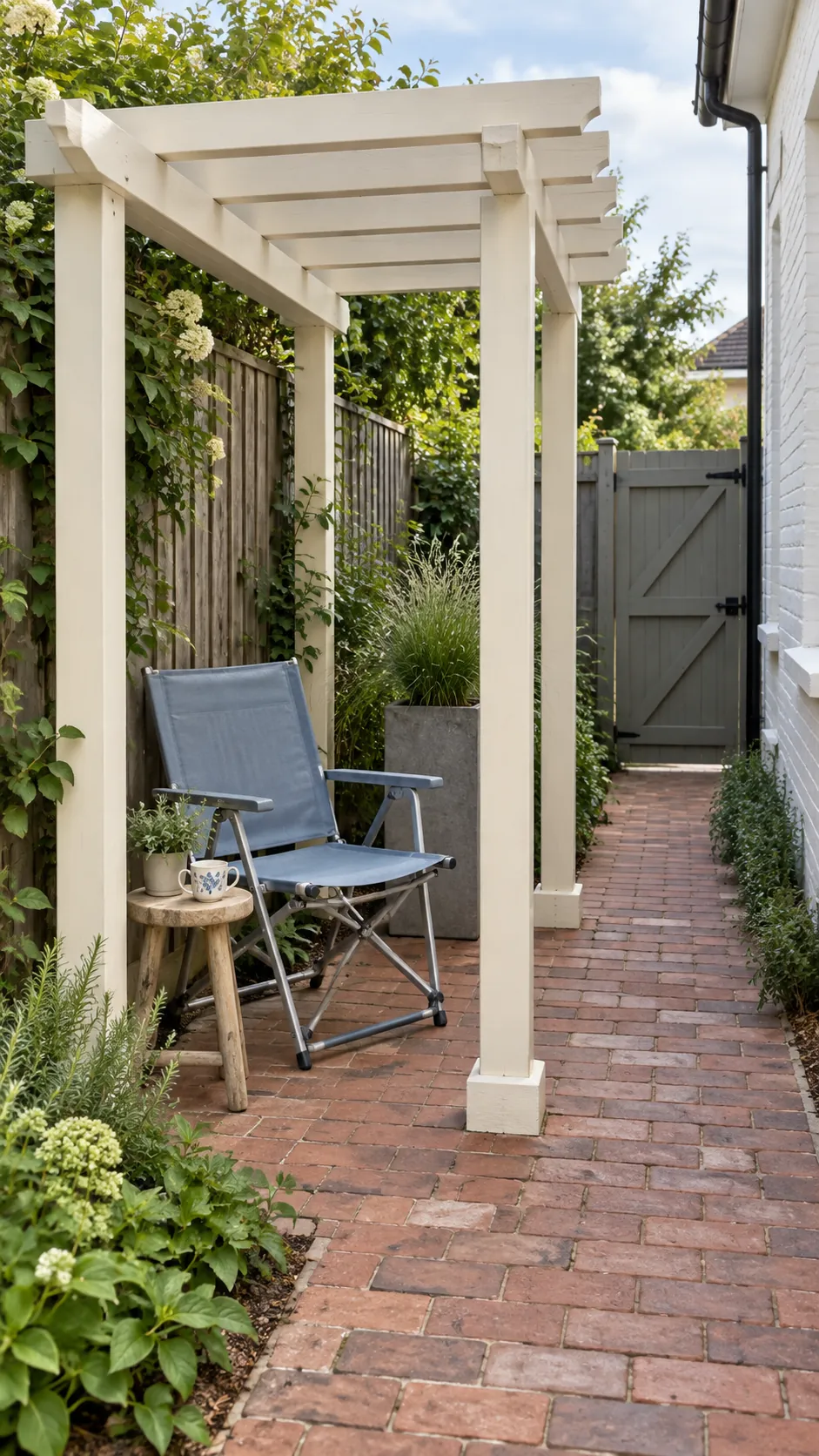 A narrow frame with a movable chair in a small corner pergola layout