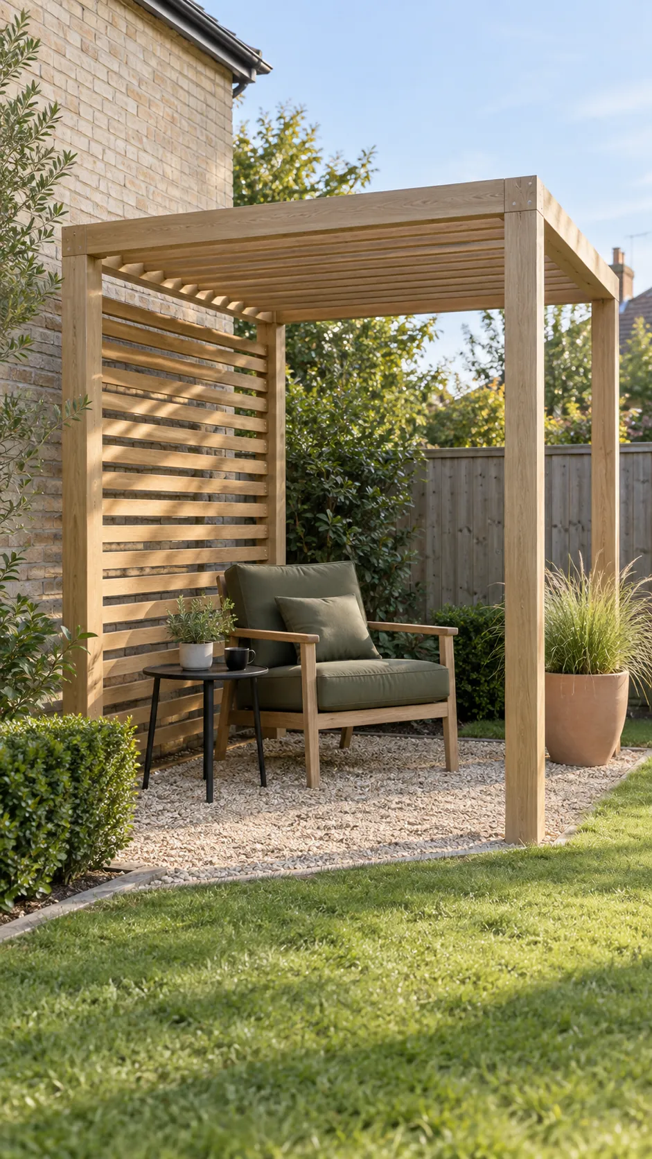 One open side beside a privacy screen in a small corner pergola layout