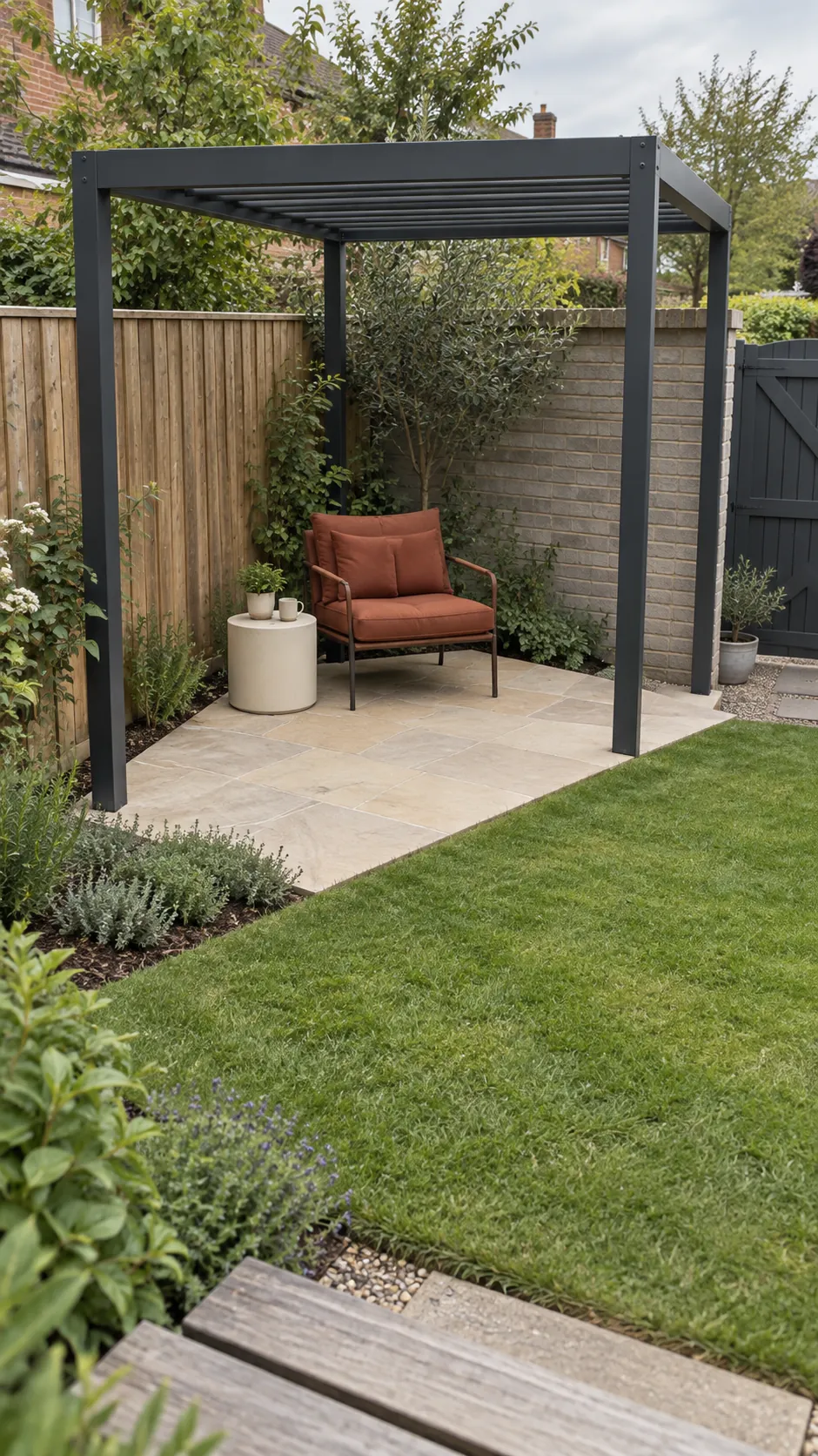 A triangular seat pad within a garden corner in a small corner pergola layout