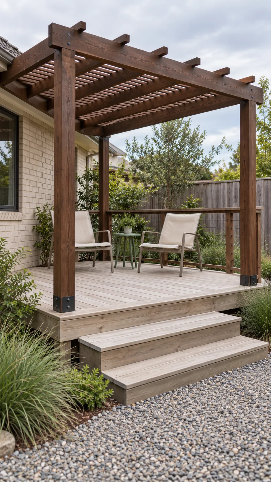 A raised corner deck with visible steps in a small corner pergola layout