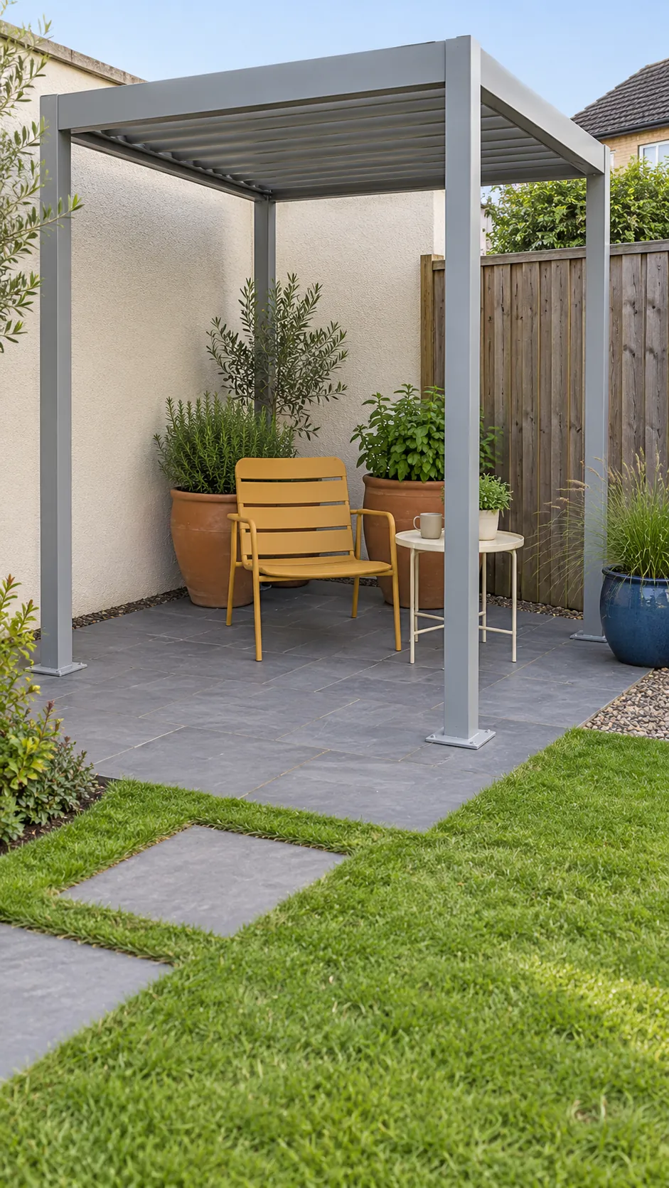 Containers outside the sitting footprint in a small corner pergola layout
