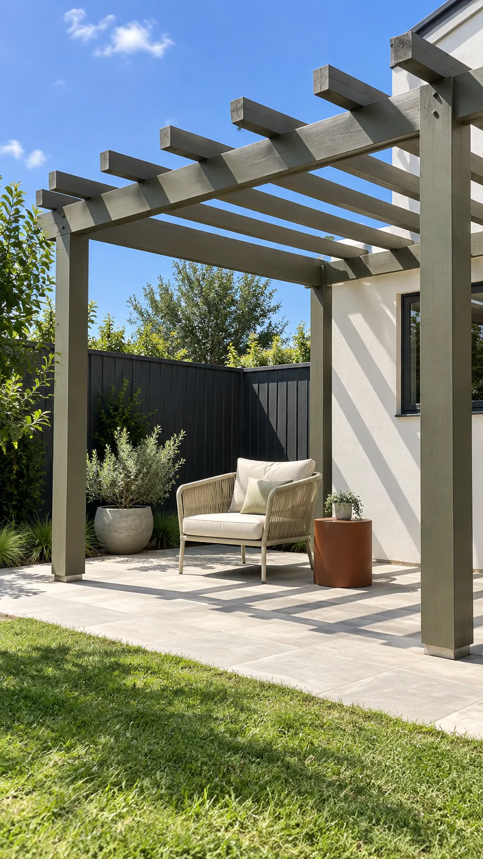 Open rafters with a clear shade plan in a small corner pergola layout