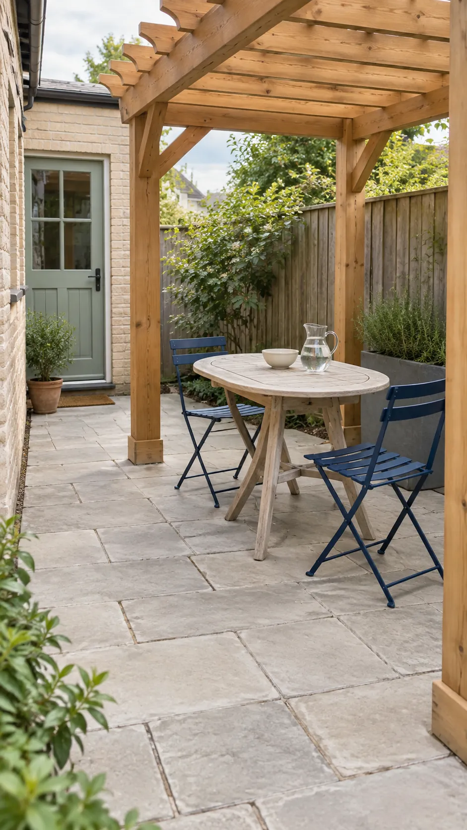 A small table for two at the corner in a small corner pergola layout