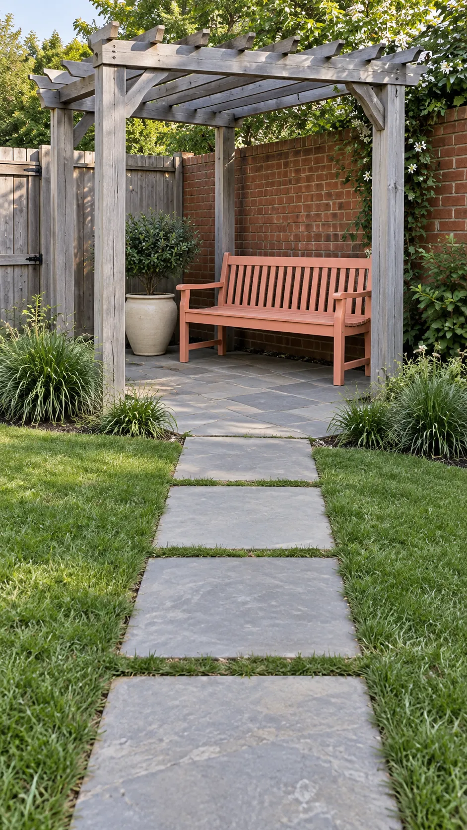 A garden path that ends at the seat in a small corner pergola layout