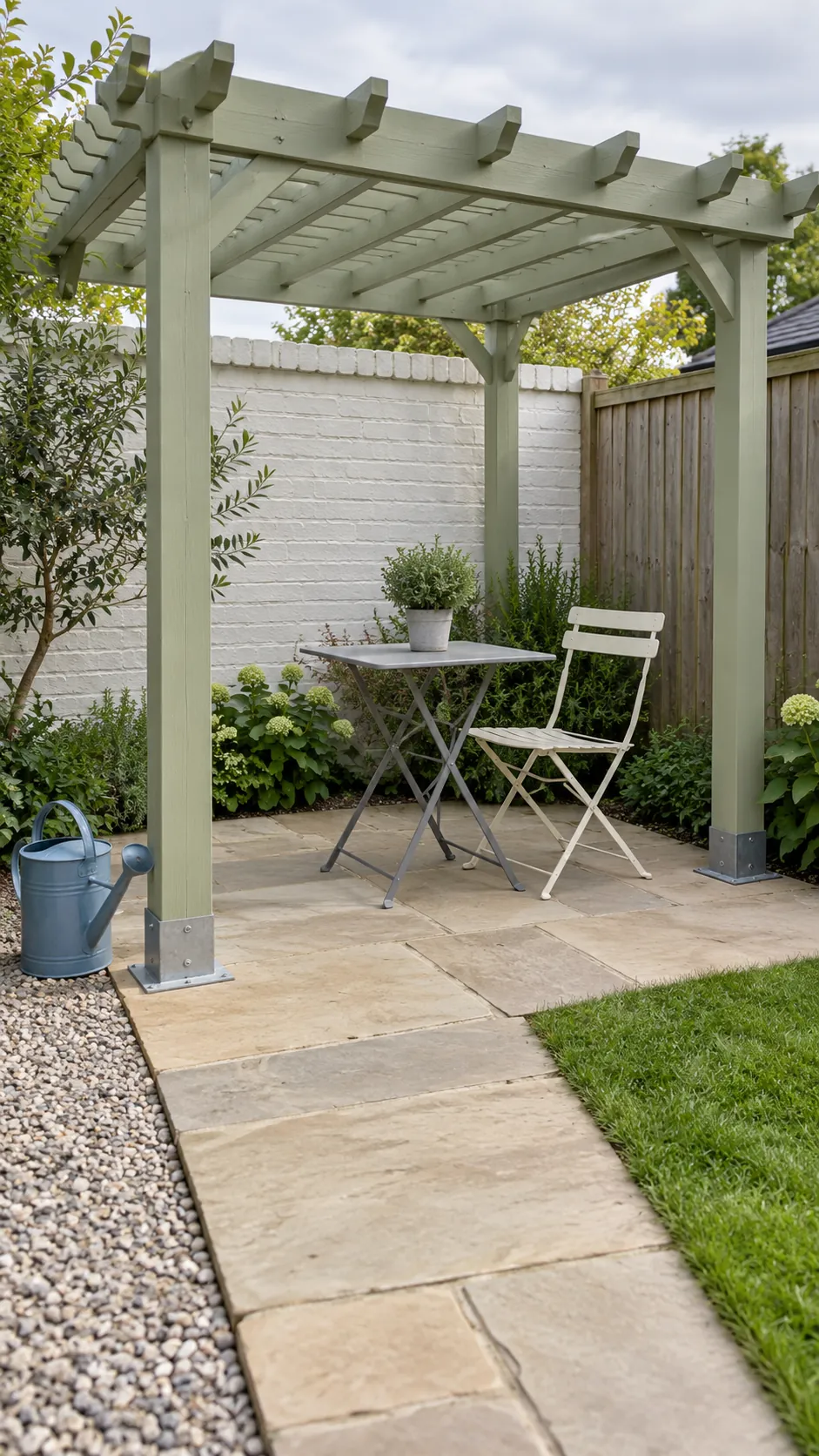 A simple corner with room for maintenance in a small corner pergola layout