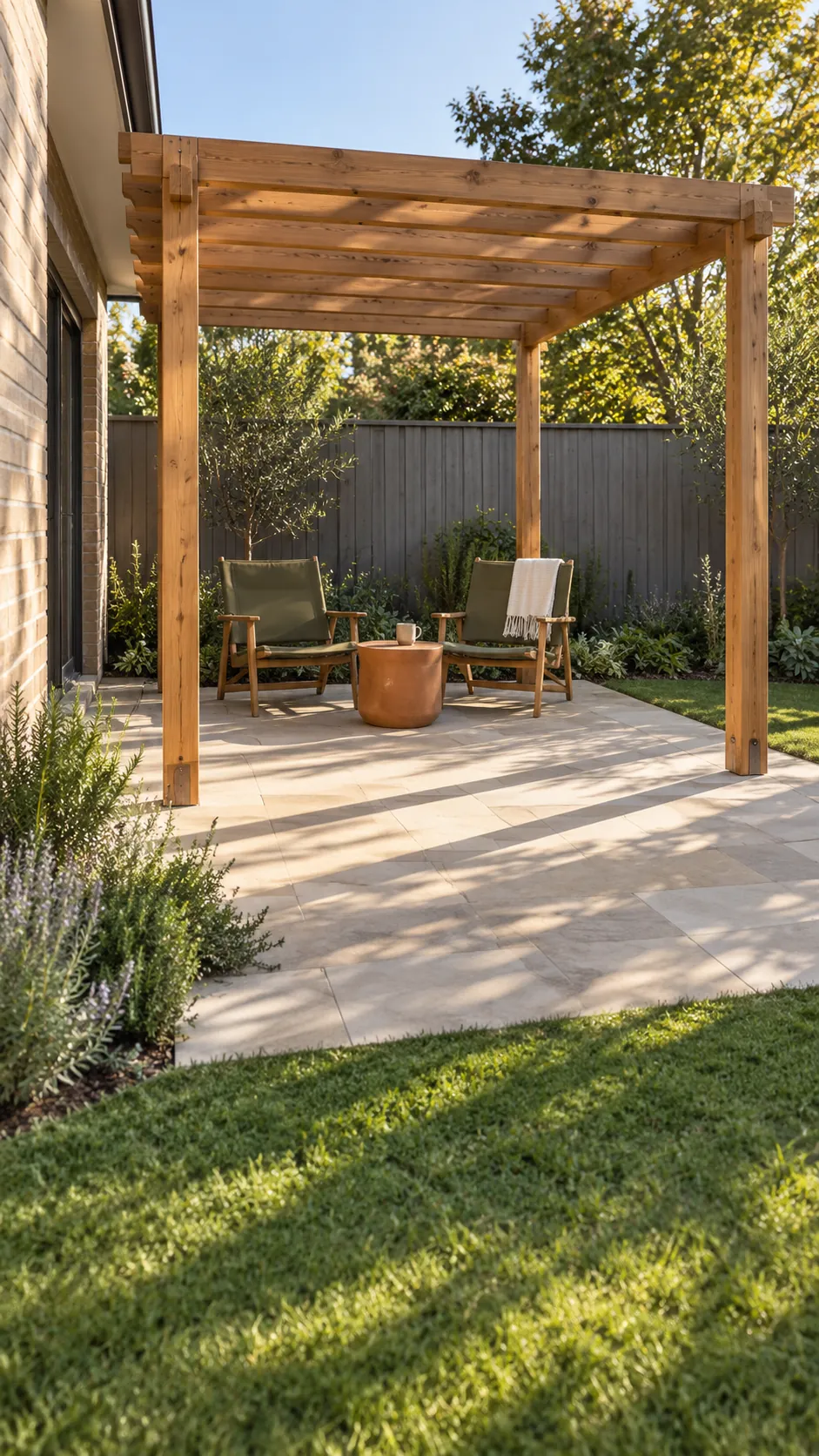 Start with the seat and the sun for a practical backyard pergola