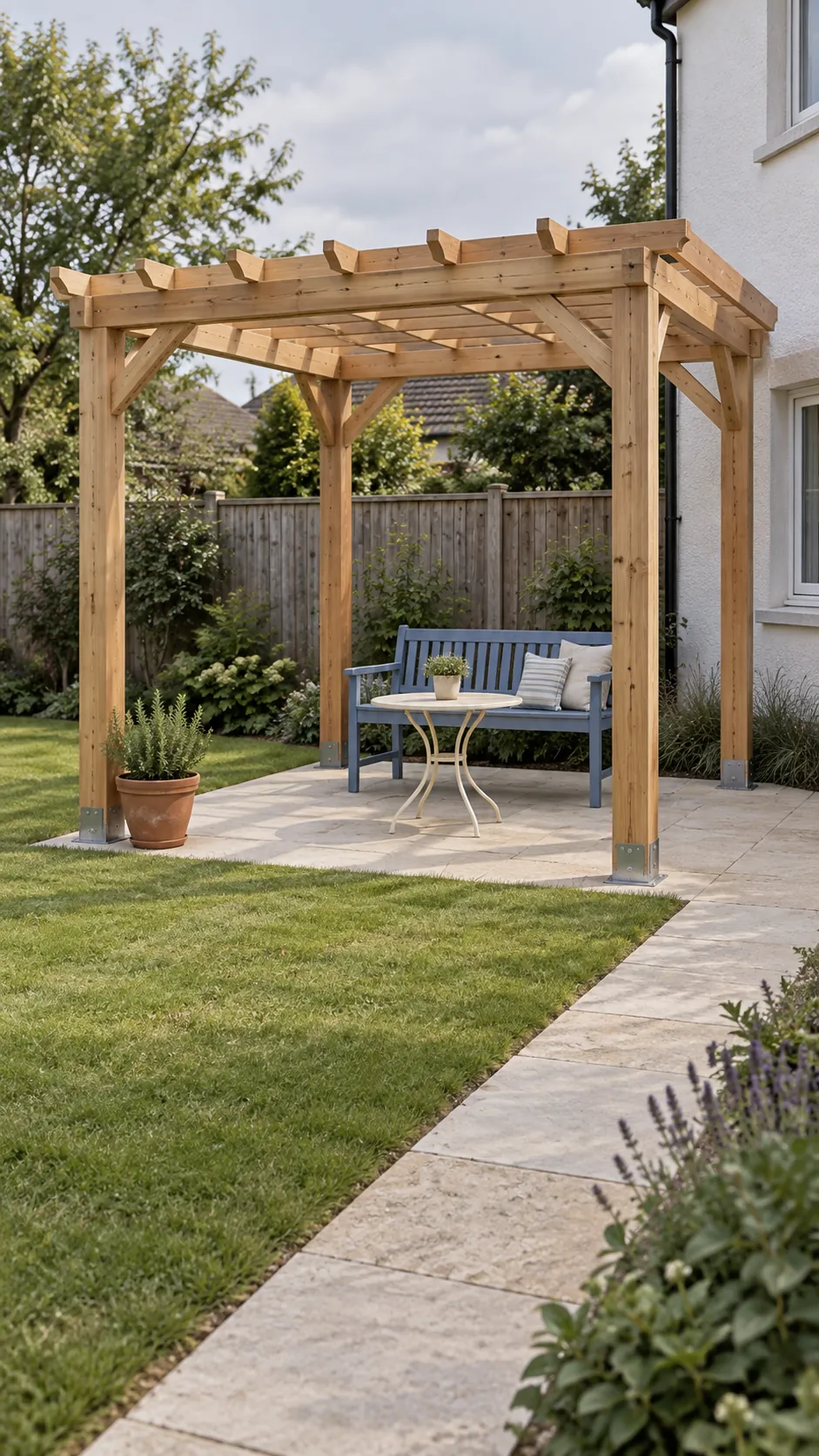 Simple timber pergola over a useful backyard seating area