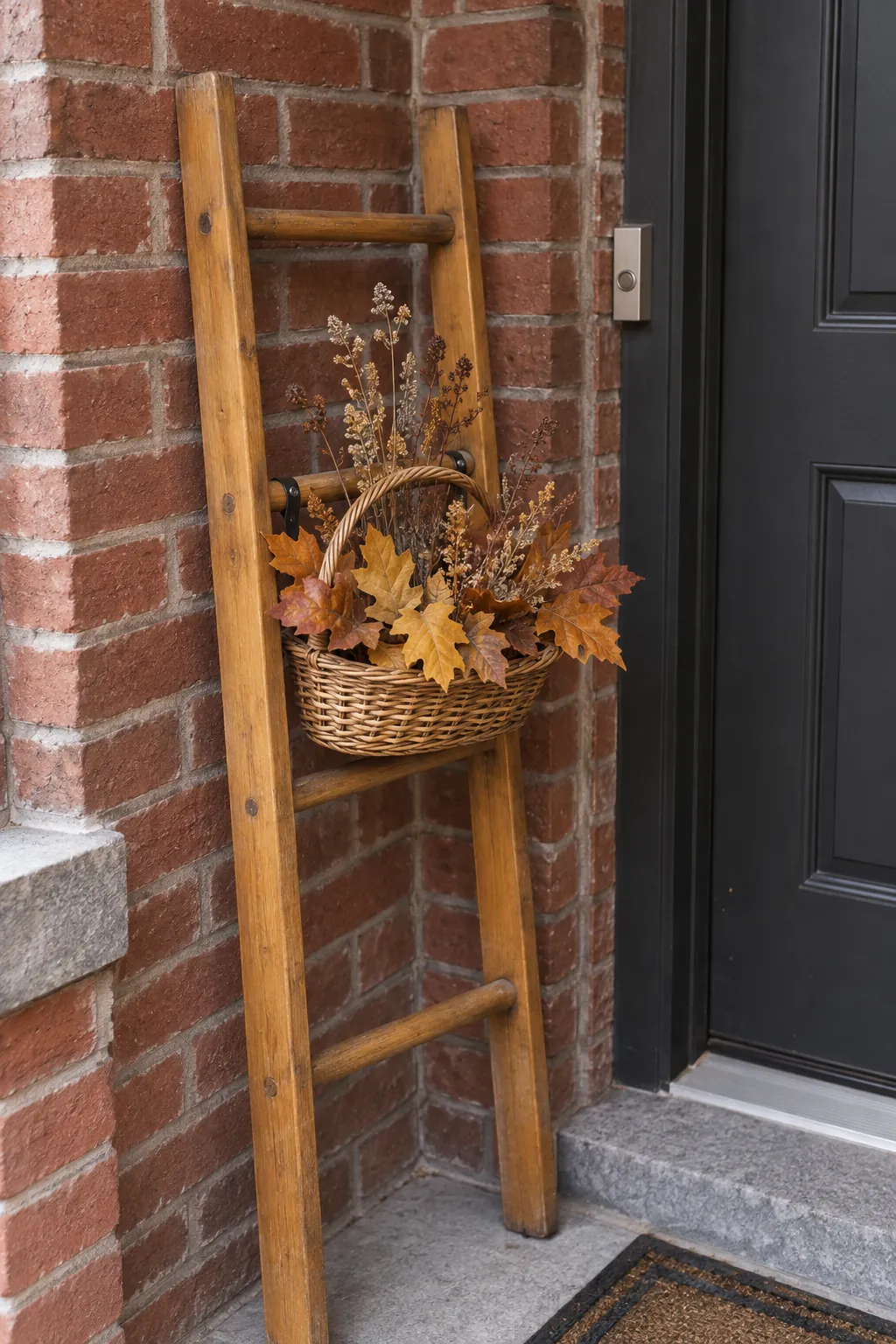 Hang a Small Basket of Autumn Stems for a vintage ladder fall porch display