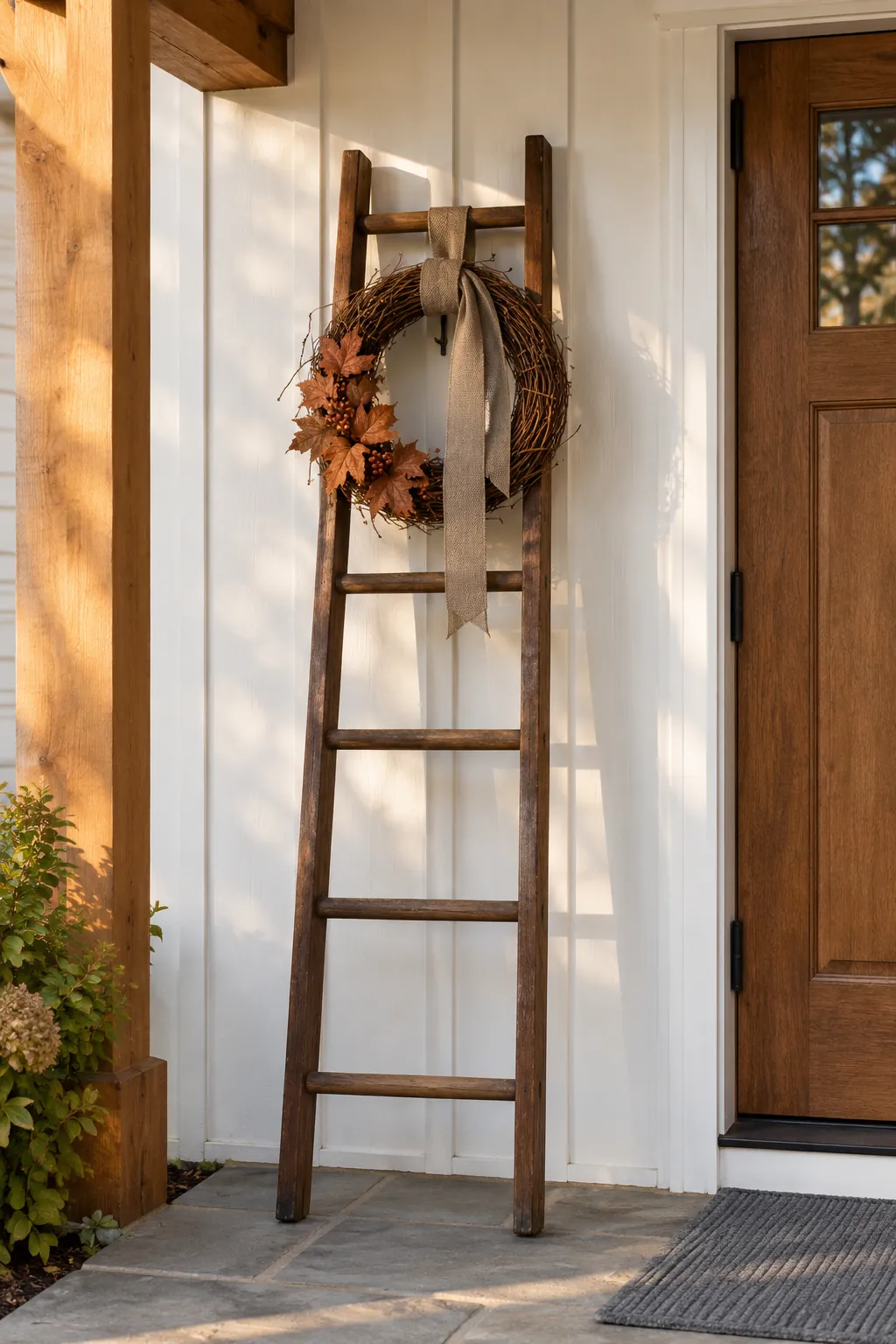 Frame a Wreath With Open Rungs for a vintage ladder fall porch display