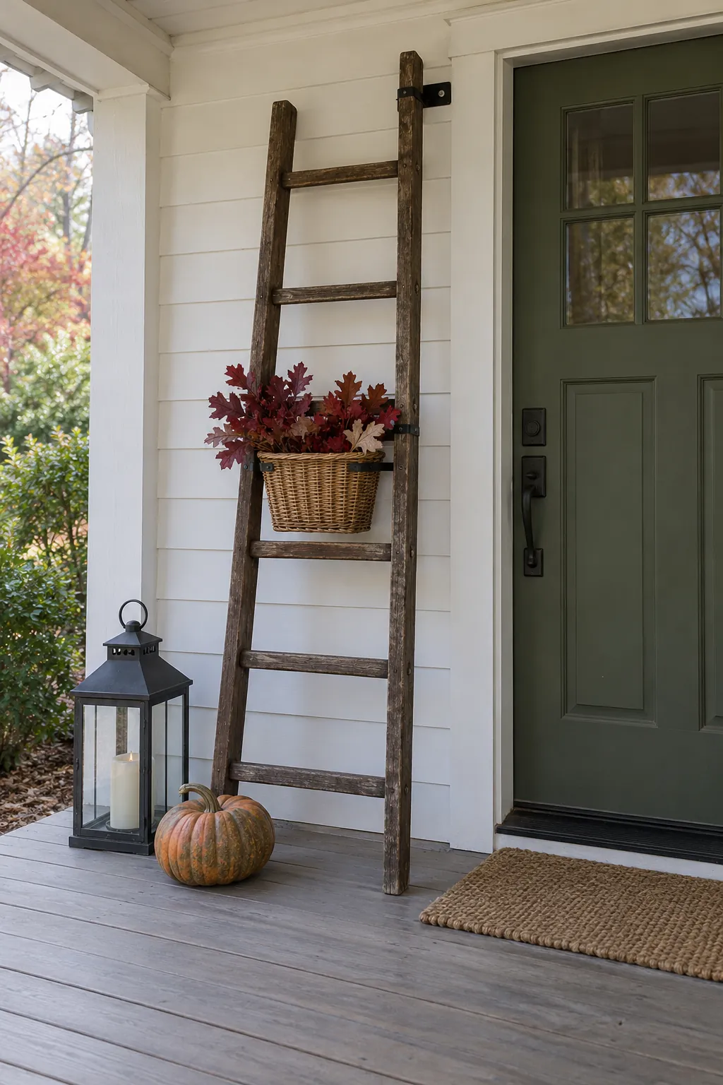 Vintage wooden ladder with an autumn basket beside a lantern on a sheltered porch