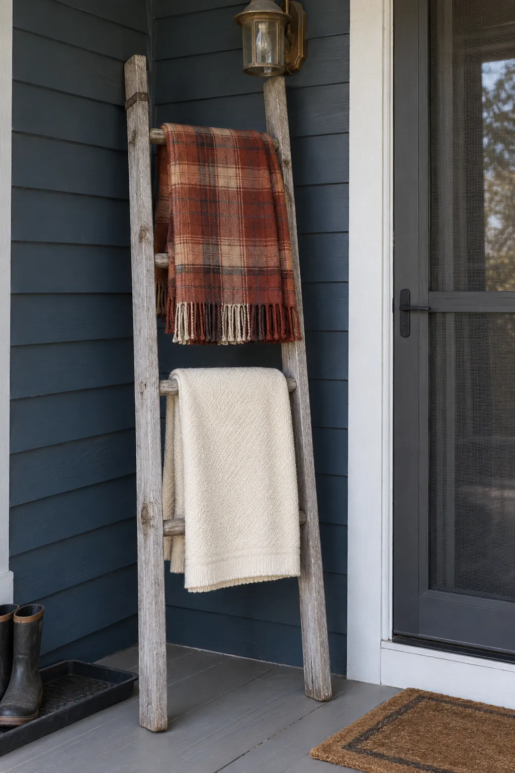 Layer Blankets on a Sheltered Ladder for a vintage ladder fall porch display