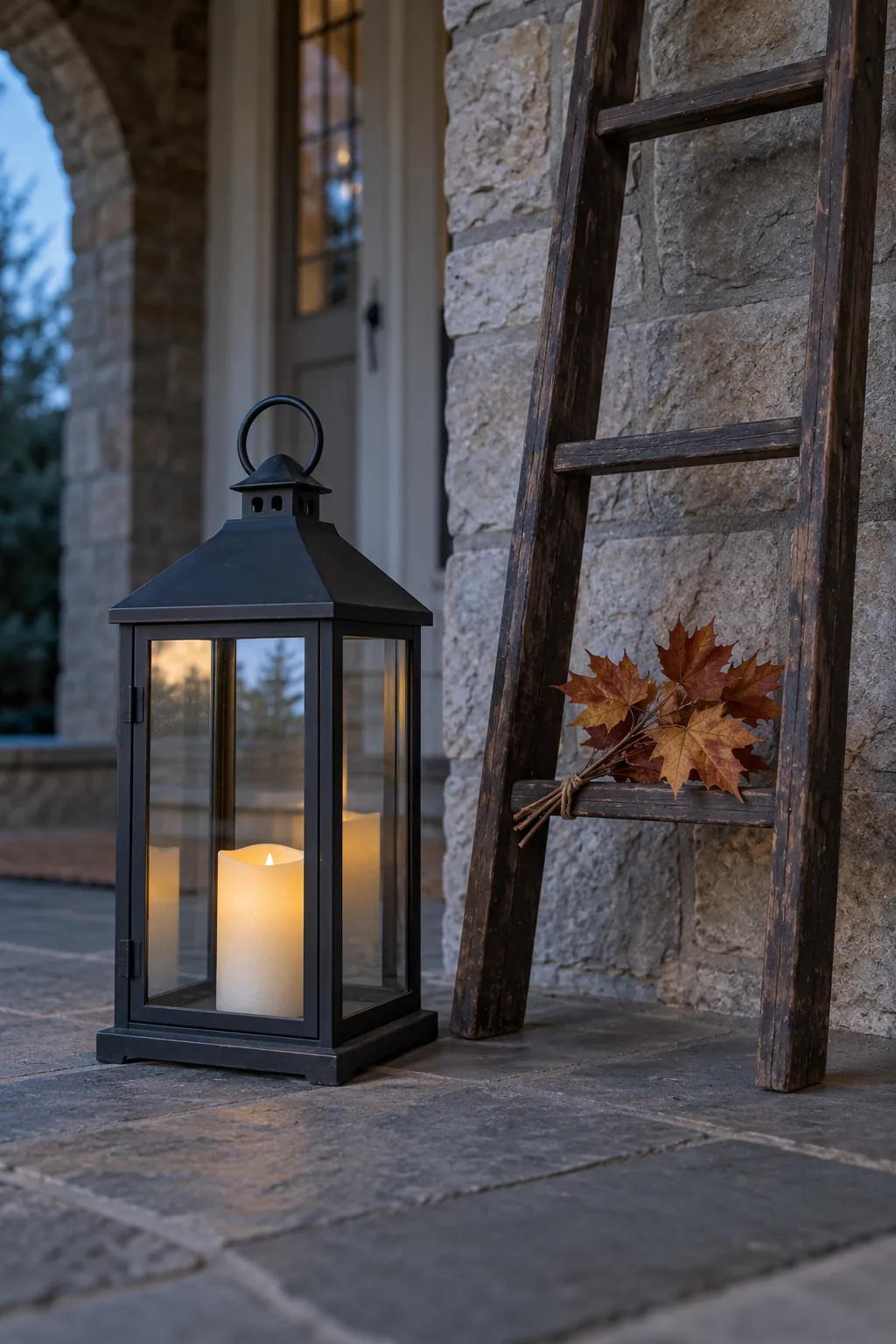 Pair a Ladder With a Floor Lantern for a vintage ladder fall porch display