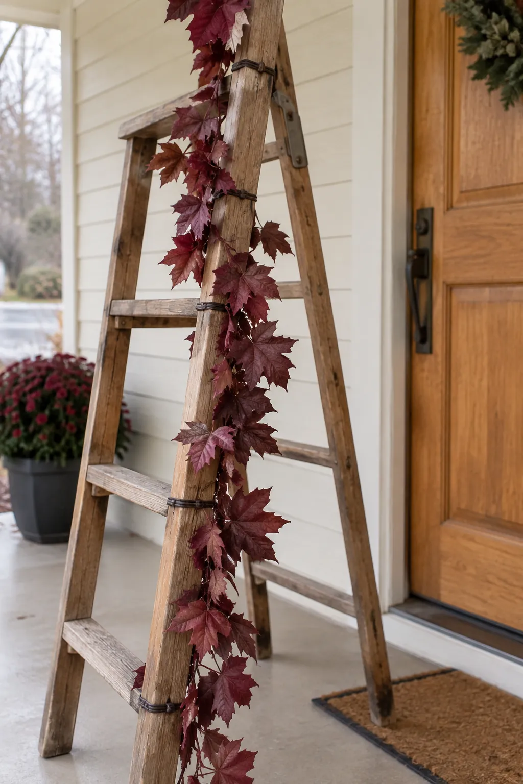 Clip a Garland Along One Rail for a vintage ladder fall porch display