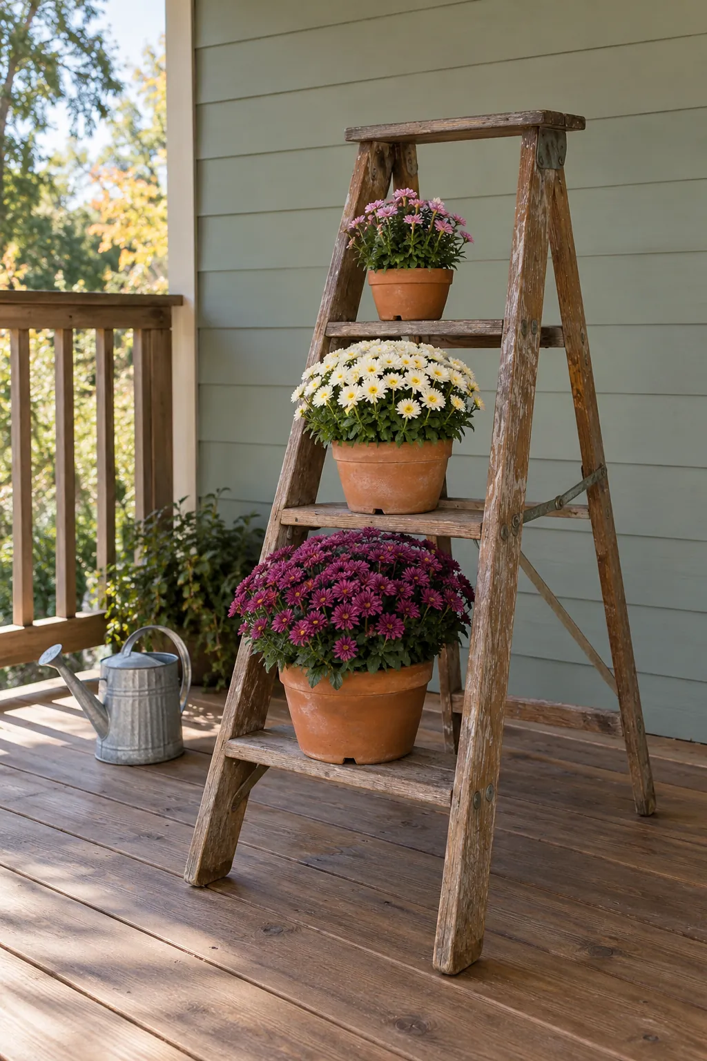 Use Wide Steps for Small Mum Pots for a vintage ladder fall porch display