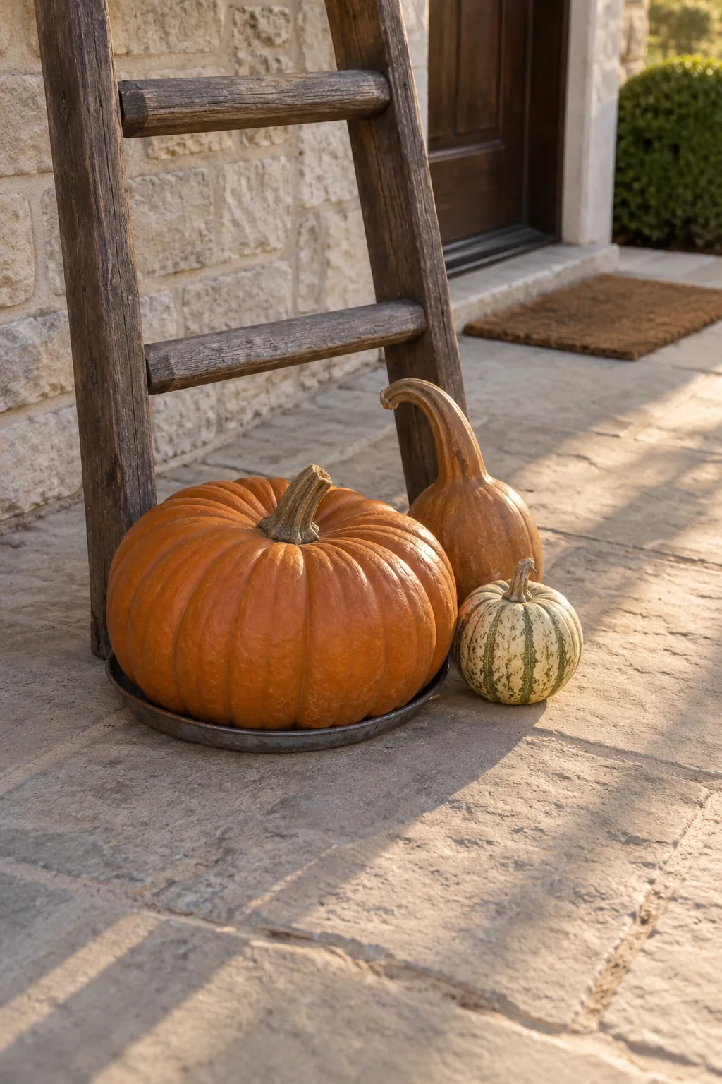 Cluster Pumpkins Around the Ladder Feet for a vintage ladder fall porch display