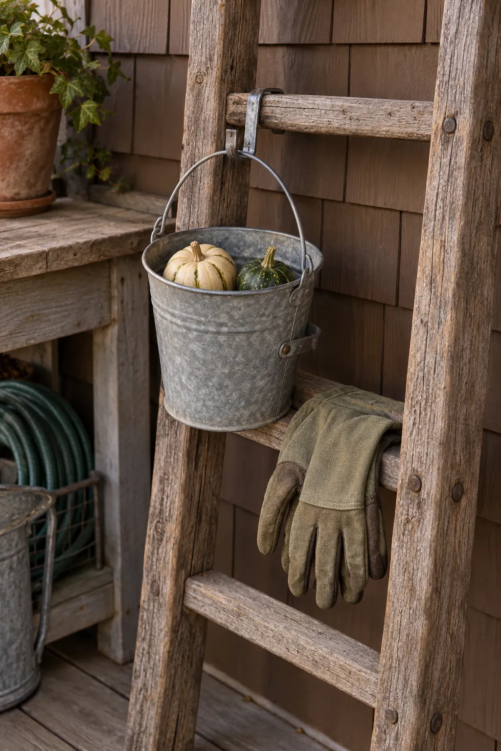 Make a Quiet Harvest Tool Display for a vintage ladder fall porch display