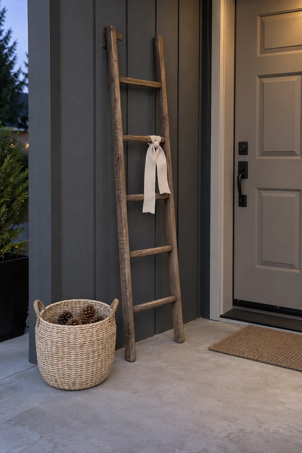 Keep a Neutral Ladder Ready for Winter for a vintage ladder fall porch display