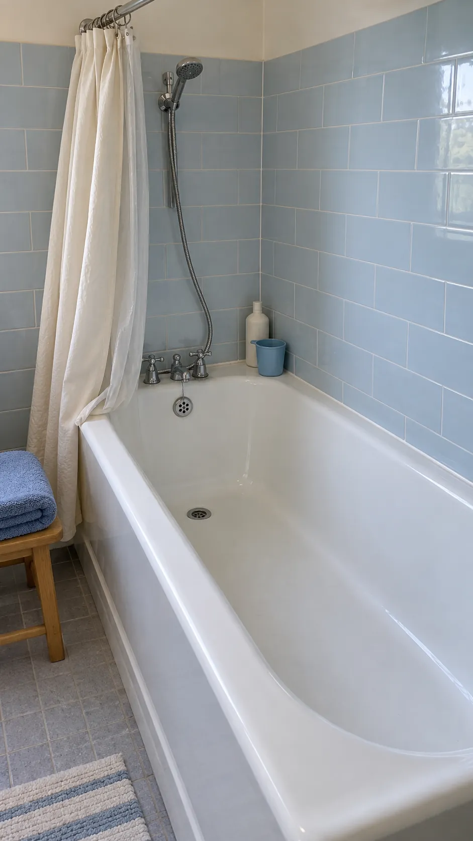 Shower curtain pulled aside for full bathtub access