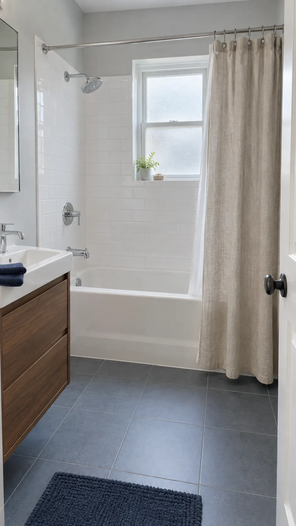 Compact bathroom bathtub with a curtain and clear entry space