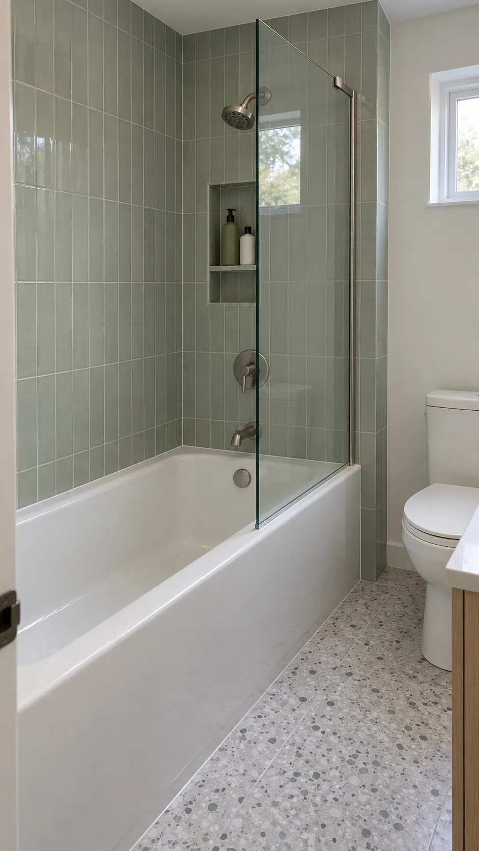 Fixed glass tub screen with an open entry gap