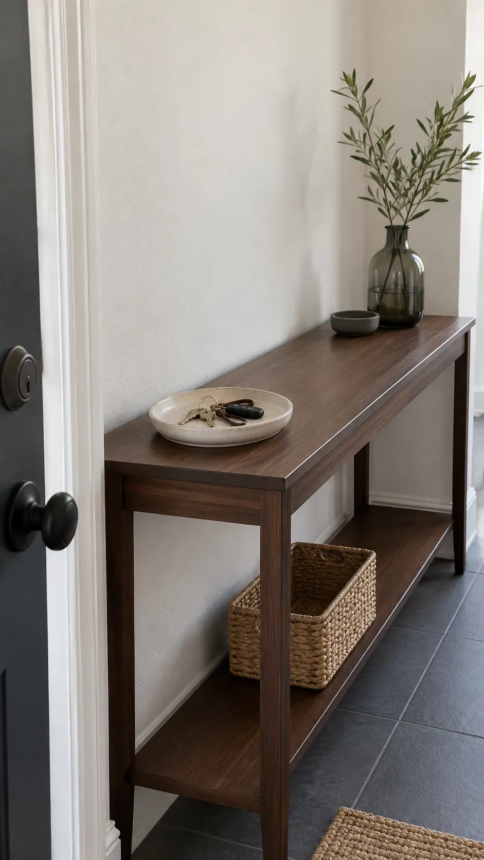 Functional entryway console with a clear key tray and a small decorative group