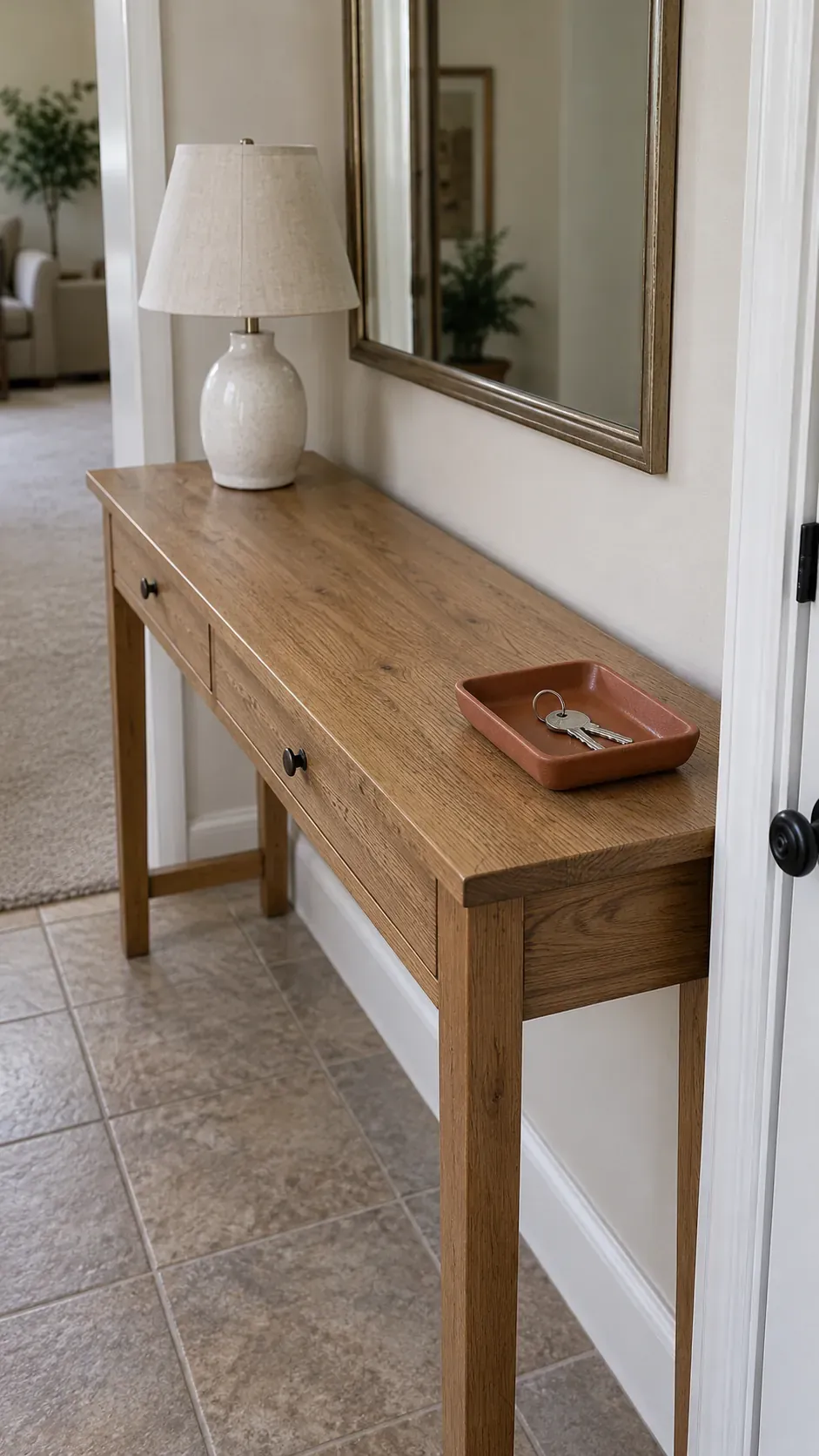A Lamp at One End and a Tray at the Other on an entryway console with accessible keys