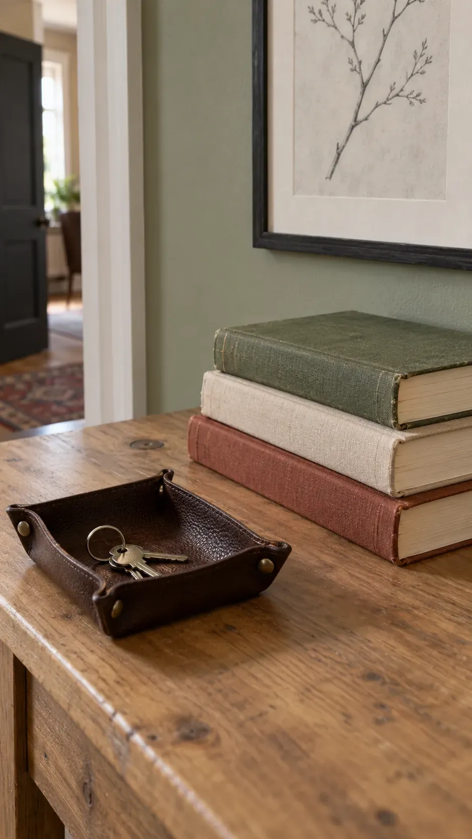 Books Beside the Tray Instead of Beneath It on an entryway console with accessible keys