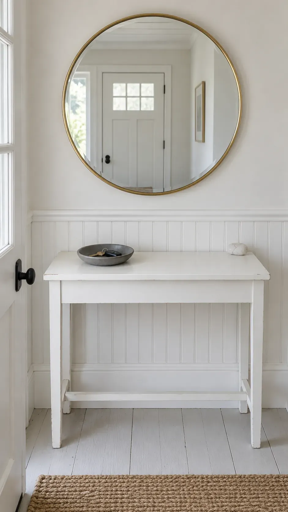 A Mirror with a Quiet Landing Area Below on an entryway console with accessible keys