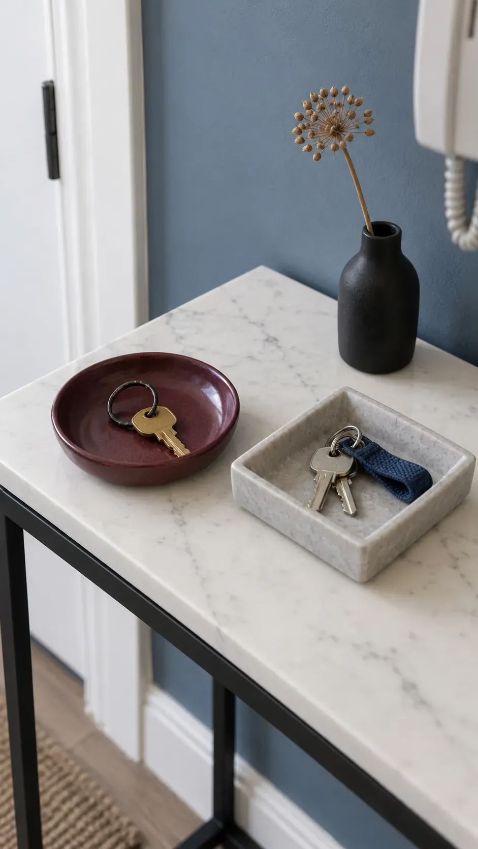 Two Shallow Dishes for a Shared Entry on an entryway console with accessible keys