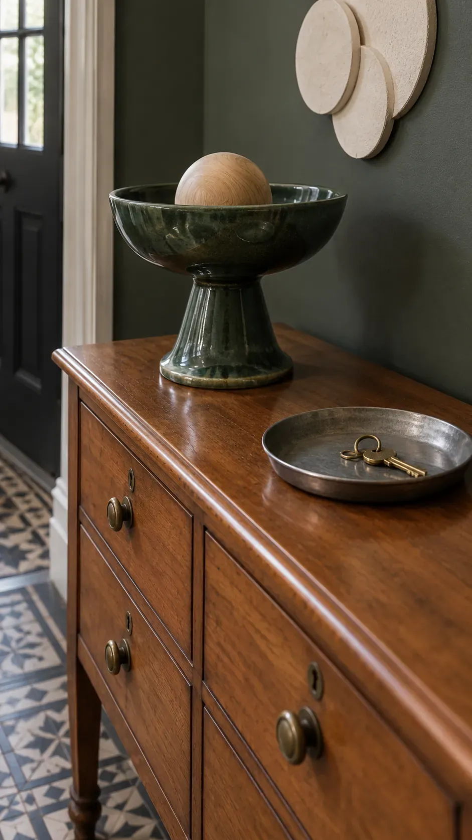 A Raised Display with a Clear Surface Below on an entryway console with accessible keys