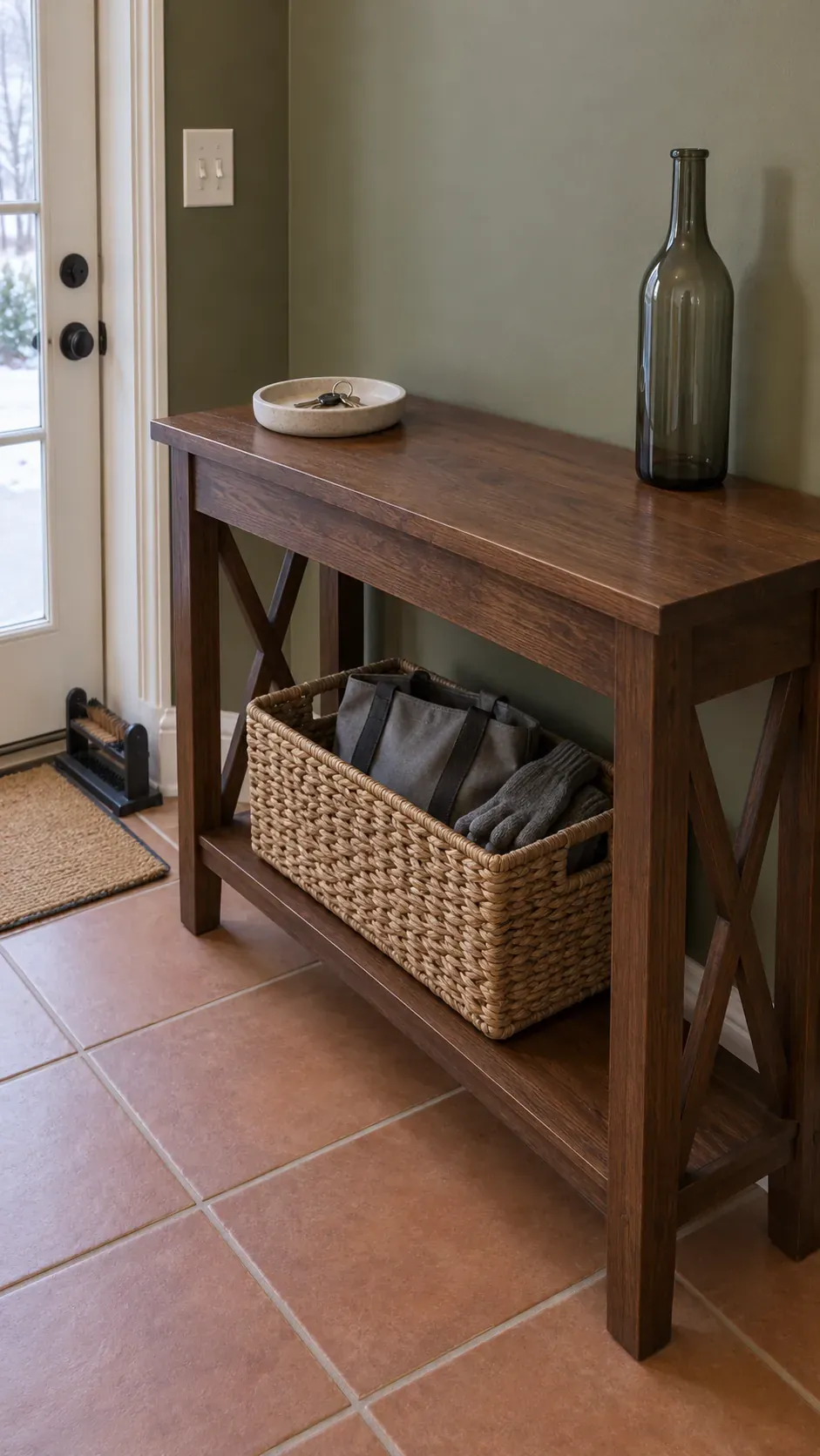A Basket Below and a Clear Tray Above on an entryway console with accessible keys