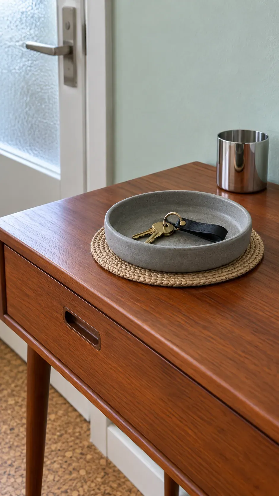A Flat Woven Mat Beneath the Key Tray on an entryway console with accessible keys