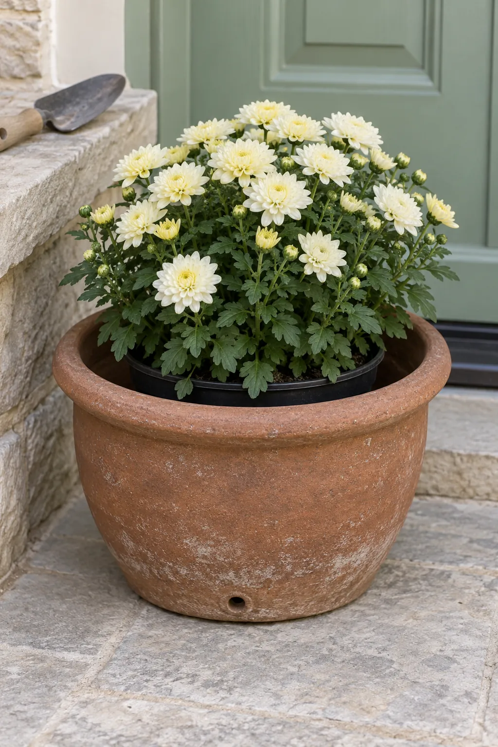 Give Mums a Broad Base Without Blocking Drainage on a fall porch