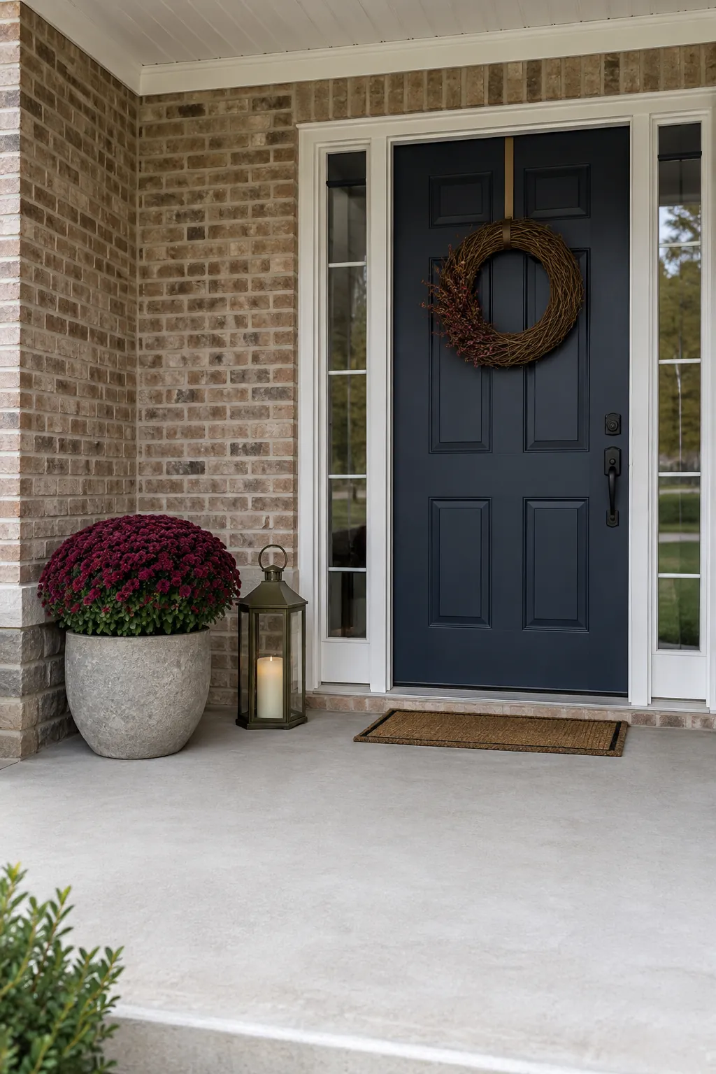 Mums, lantern, and wreath placed securely on a sheltered fall porch