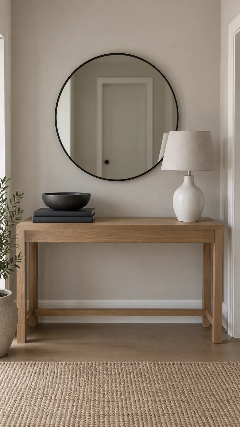 Entryway console balanced with one lamp and a wider low accessory group