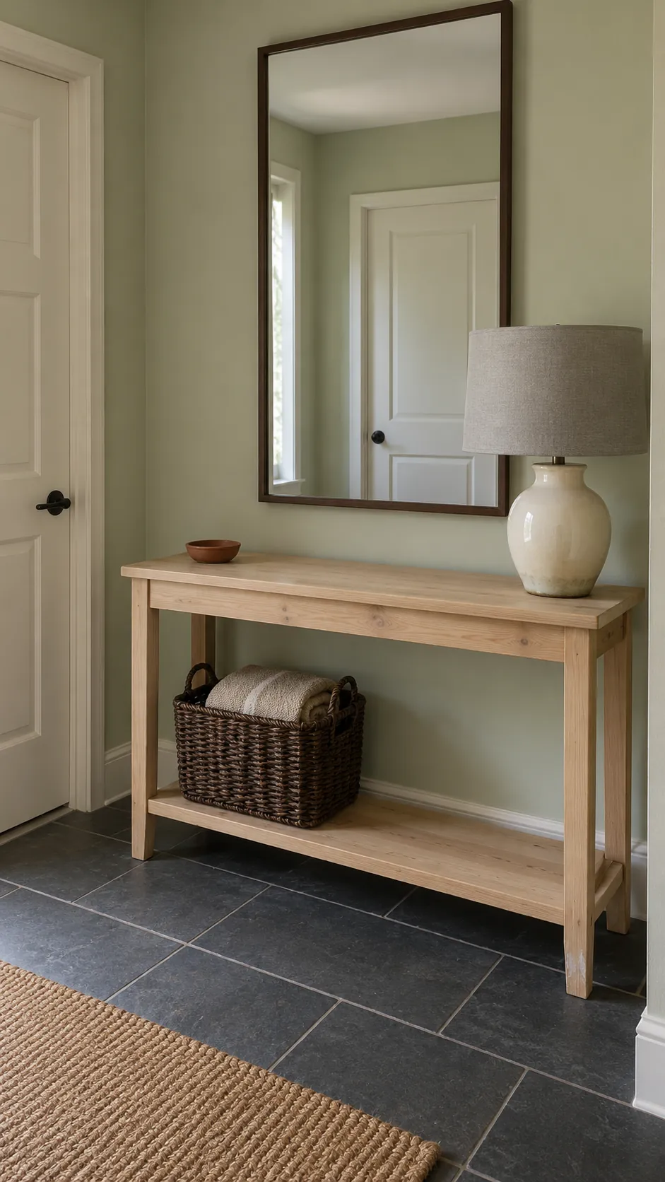 Let the Wall and Lower Shelf Share the Balance for single lamp entryway styling