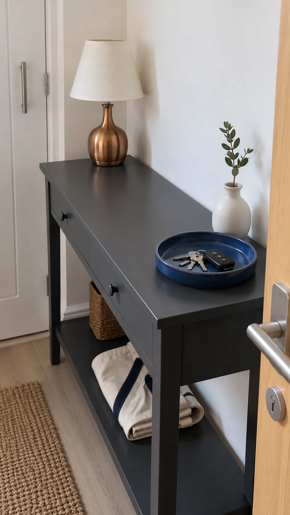 Keep a Daily Landing Spot in the Arrangement for single lamp entryway styling