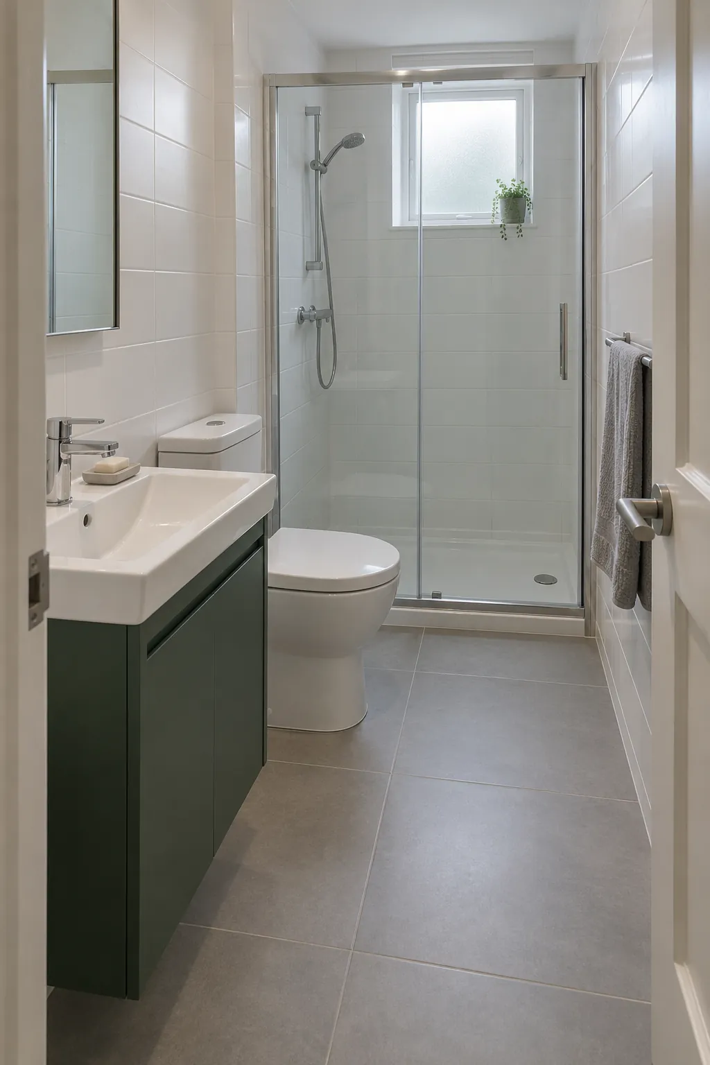 Small bathroom with clear routes between compact fixtures