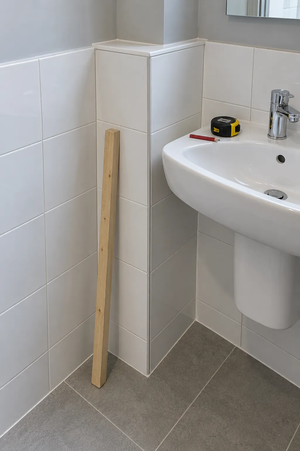 Small bathroom finished wall depth beside a tiled corner