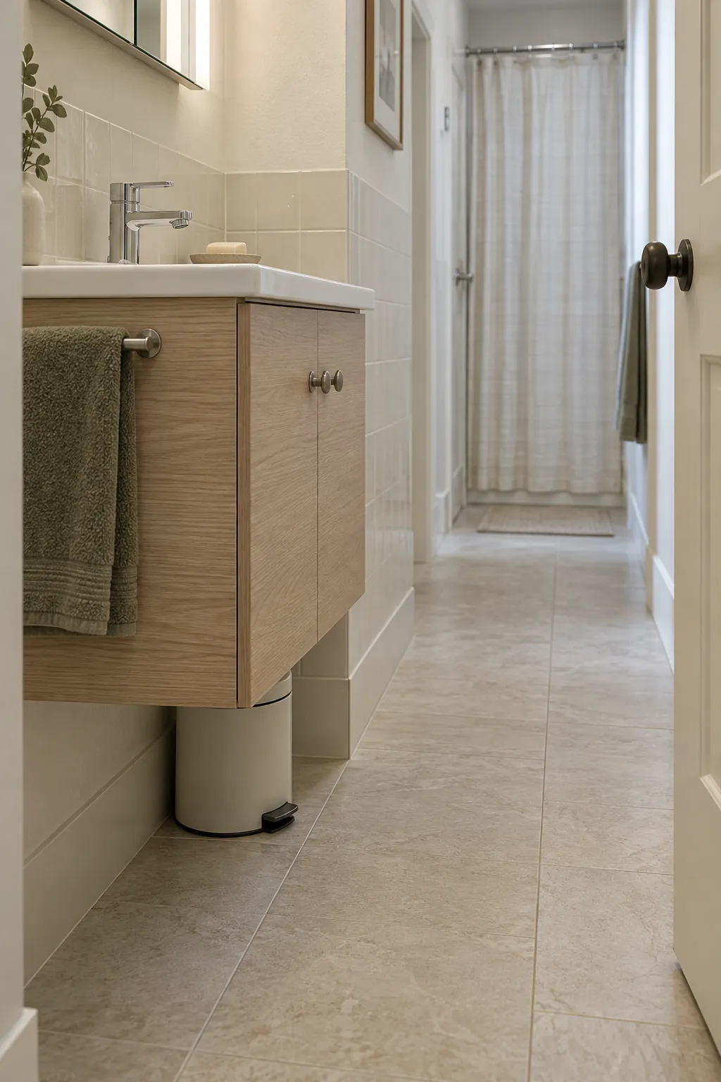 Shallow vanity beside a clear narrow bathroom passage