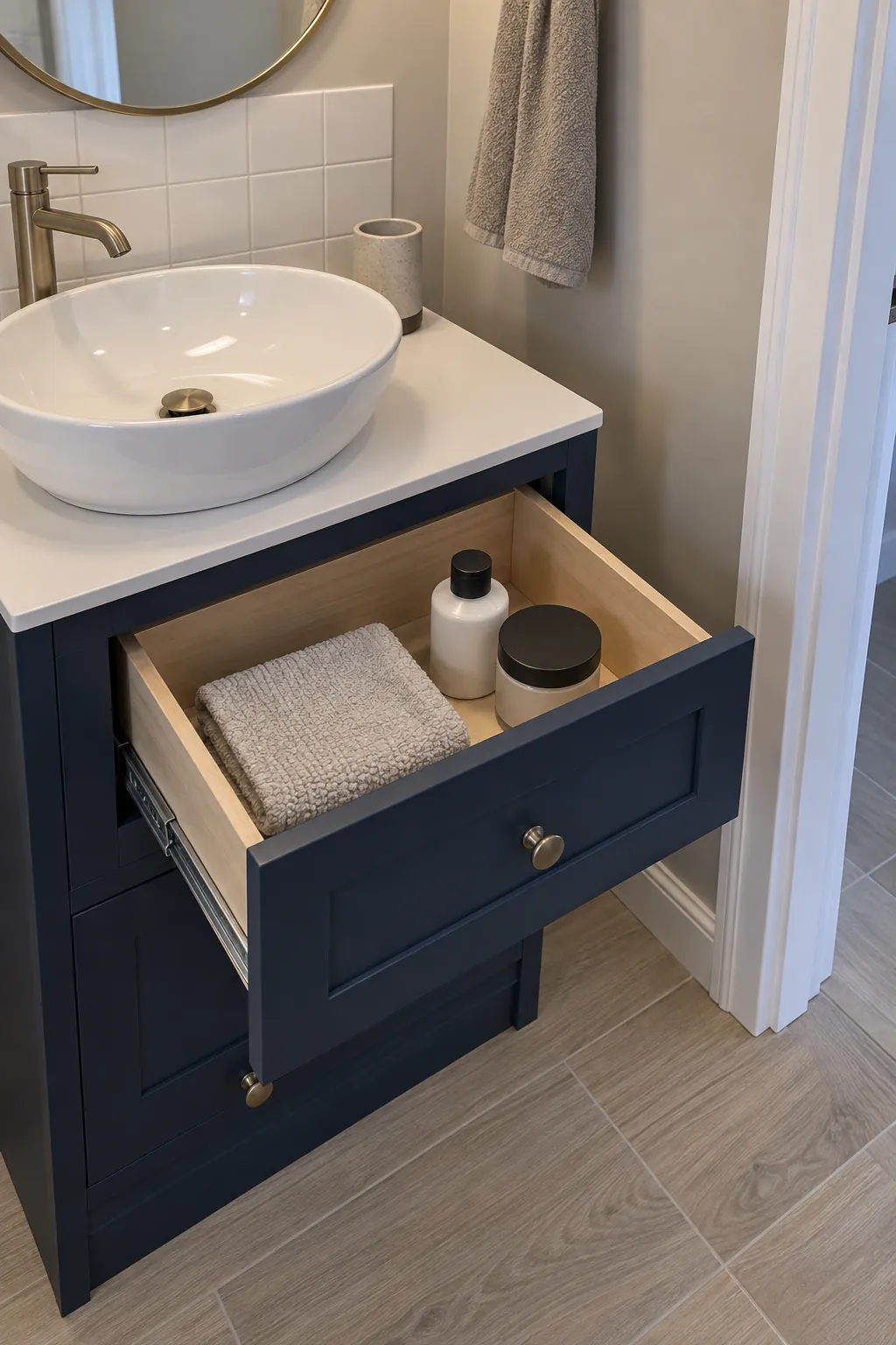 Open vanity drawer beside a clear bathroom walkway