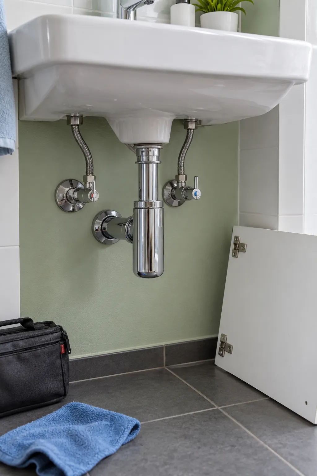 Visible bathroom pipe connections beneath a small basin