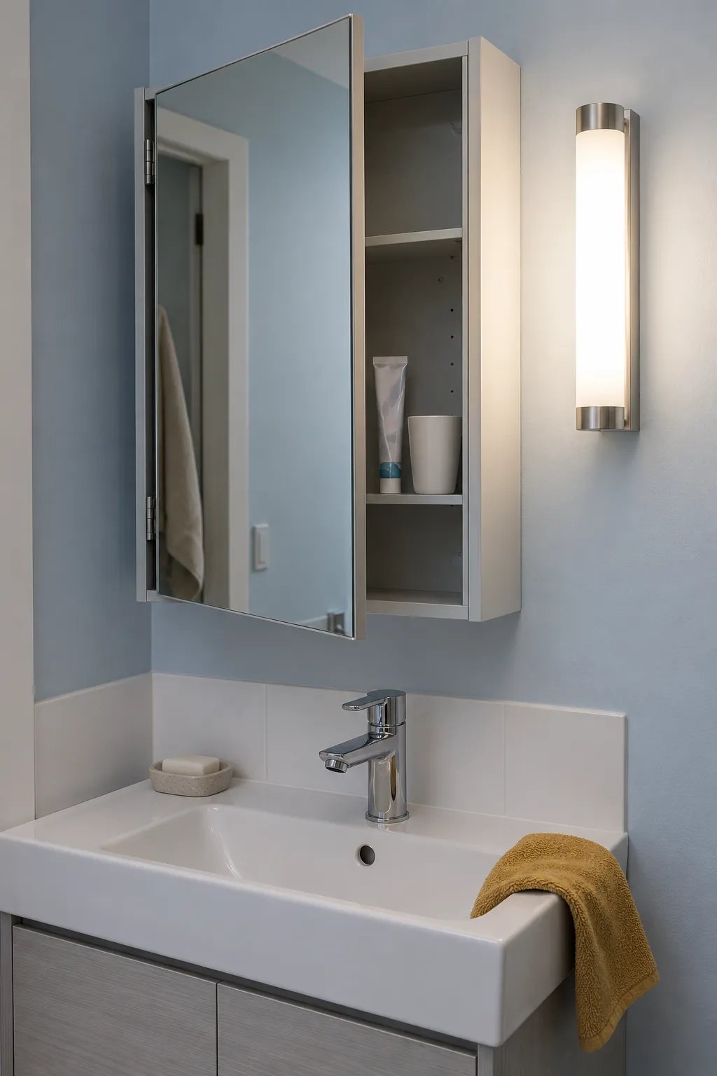 Bathroom mirror with side light and adjacent cabinet clearance