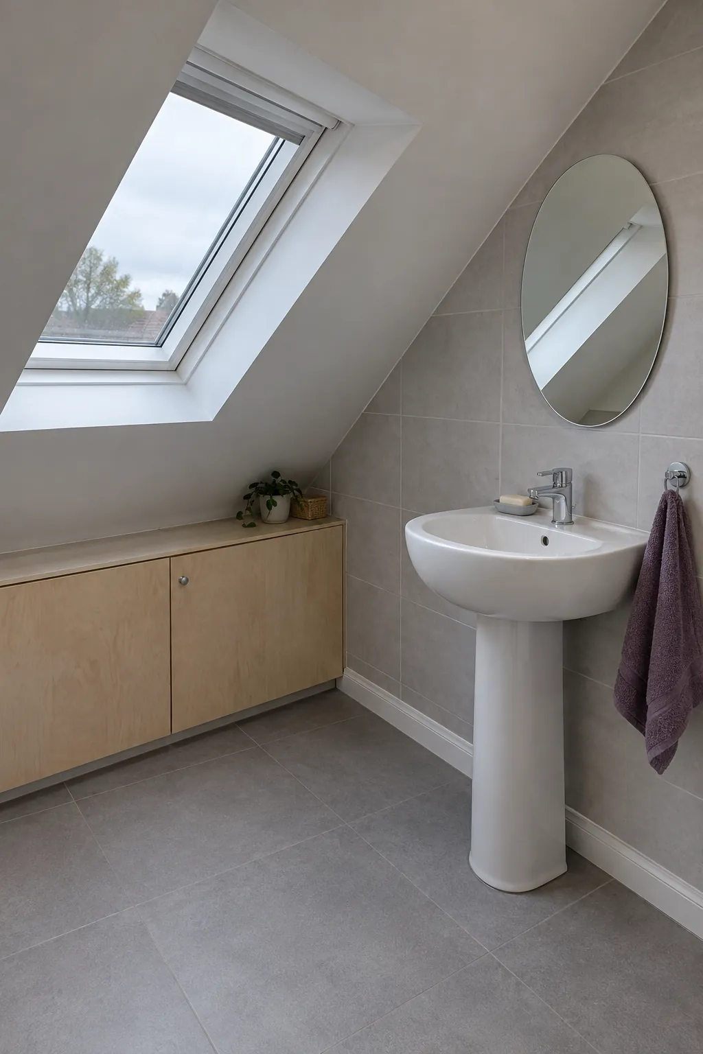 Small attic bathroom basin beneath a sloped ceiling