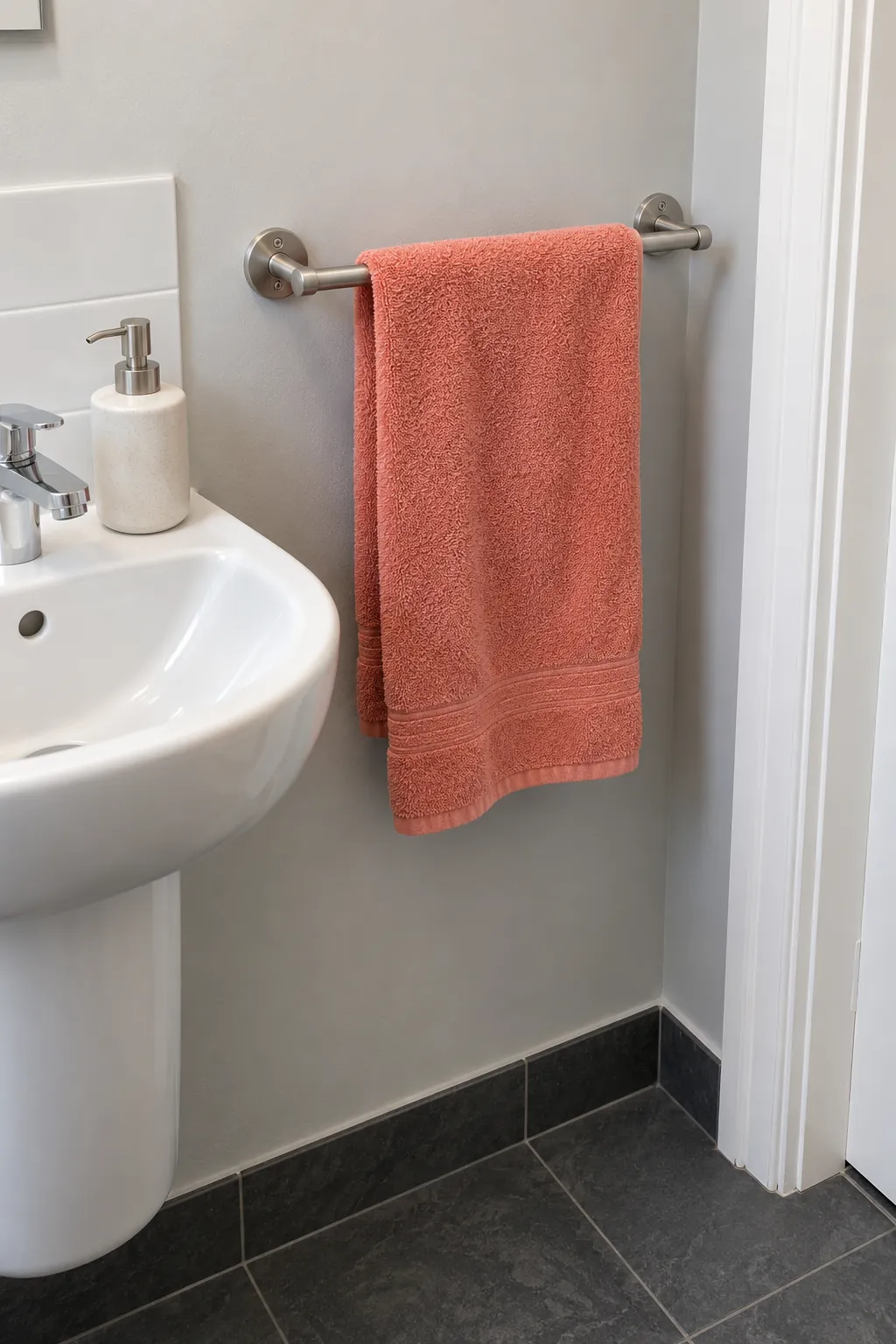 Towel rail on a narrow clear wall beside a bathroom sink