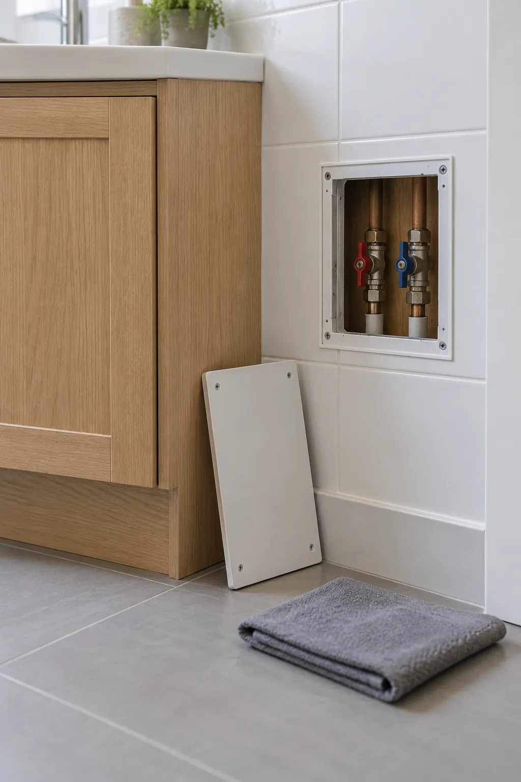 Bathroom vanity service access with unobstructed removable panel