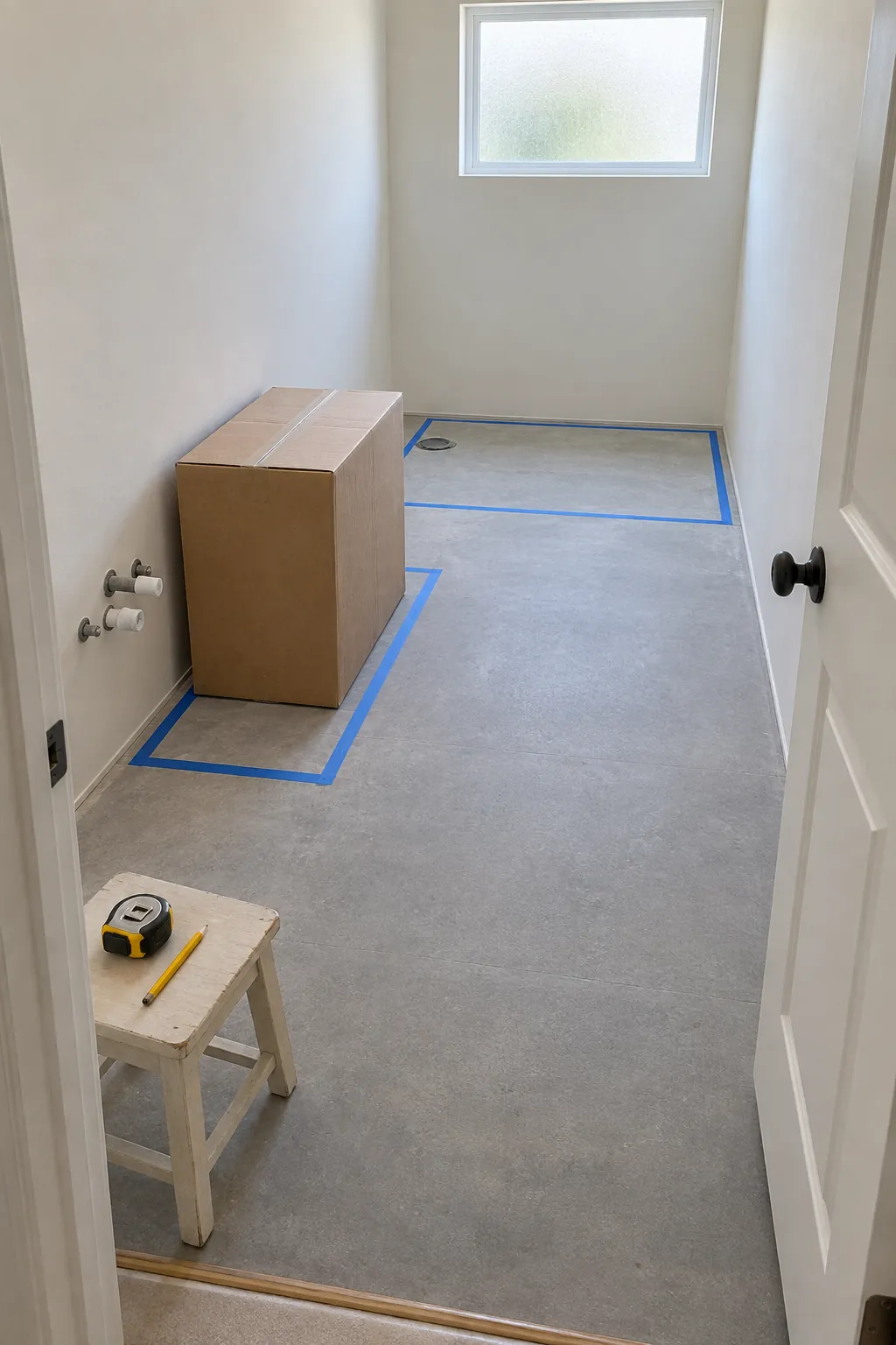 Tape and cardboard fixture footprints in an empty bathroom
