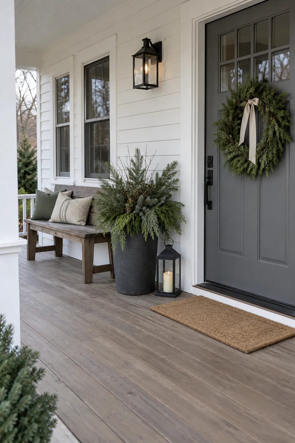 Reusable bench and lantern with winter greenery on a clear sheltered porch