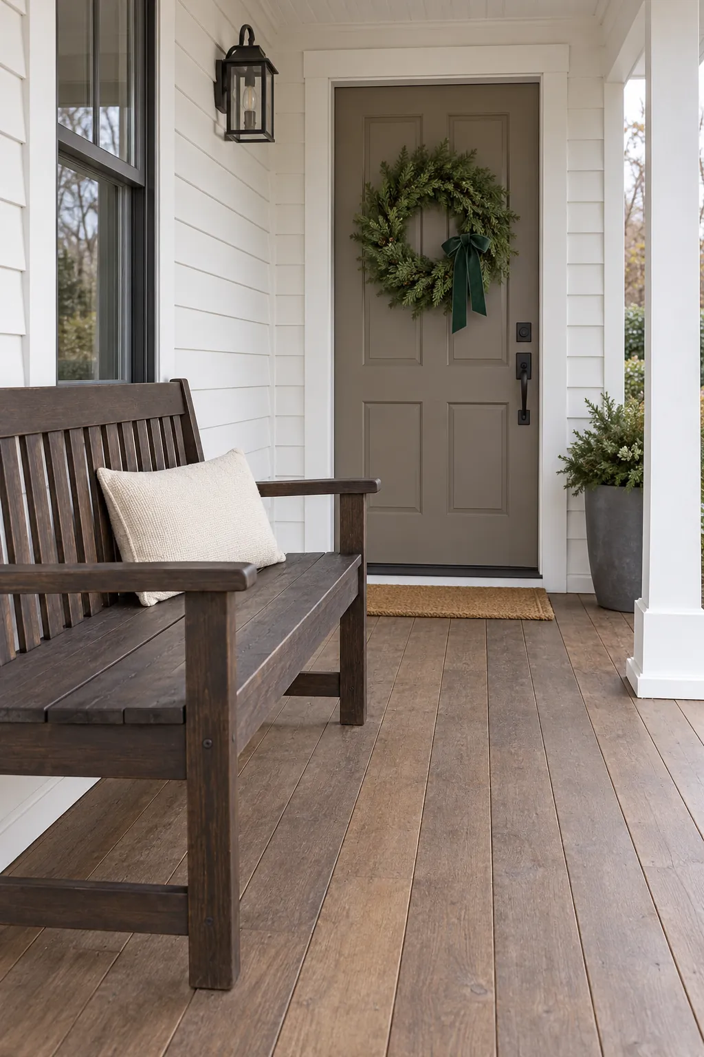 Use a Neutral Palette Before Adding Holiday Color during a fall to winter porch transition