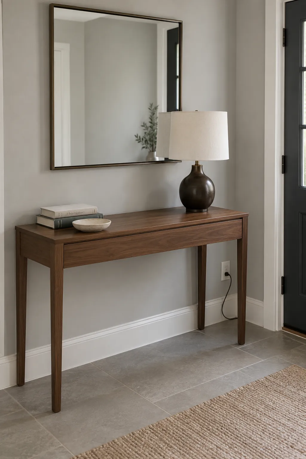 Entryway console with a lamp, low book group and discreet cord route